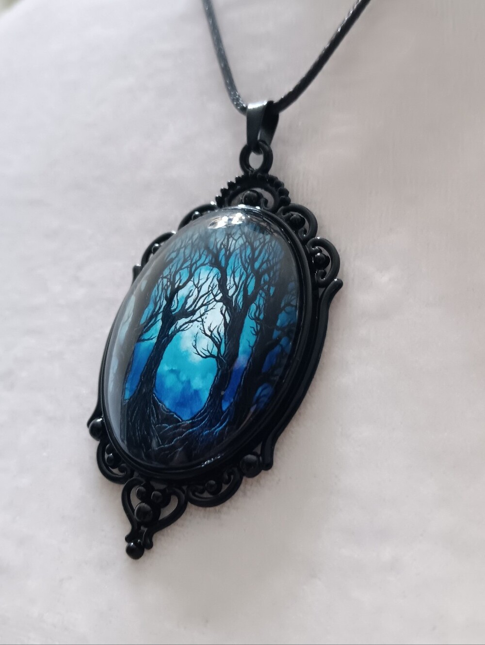 Enchanted Haunted Forest Blue Fantasy Pendant Necklace, Gothic Witchy Fairycore - Picture 3 of 9